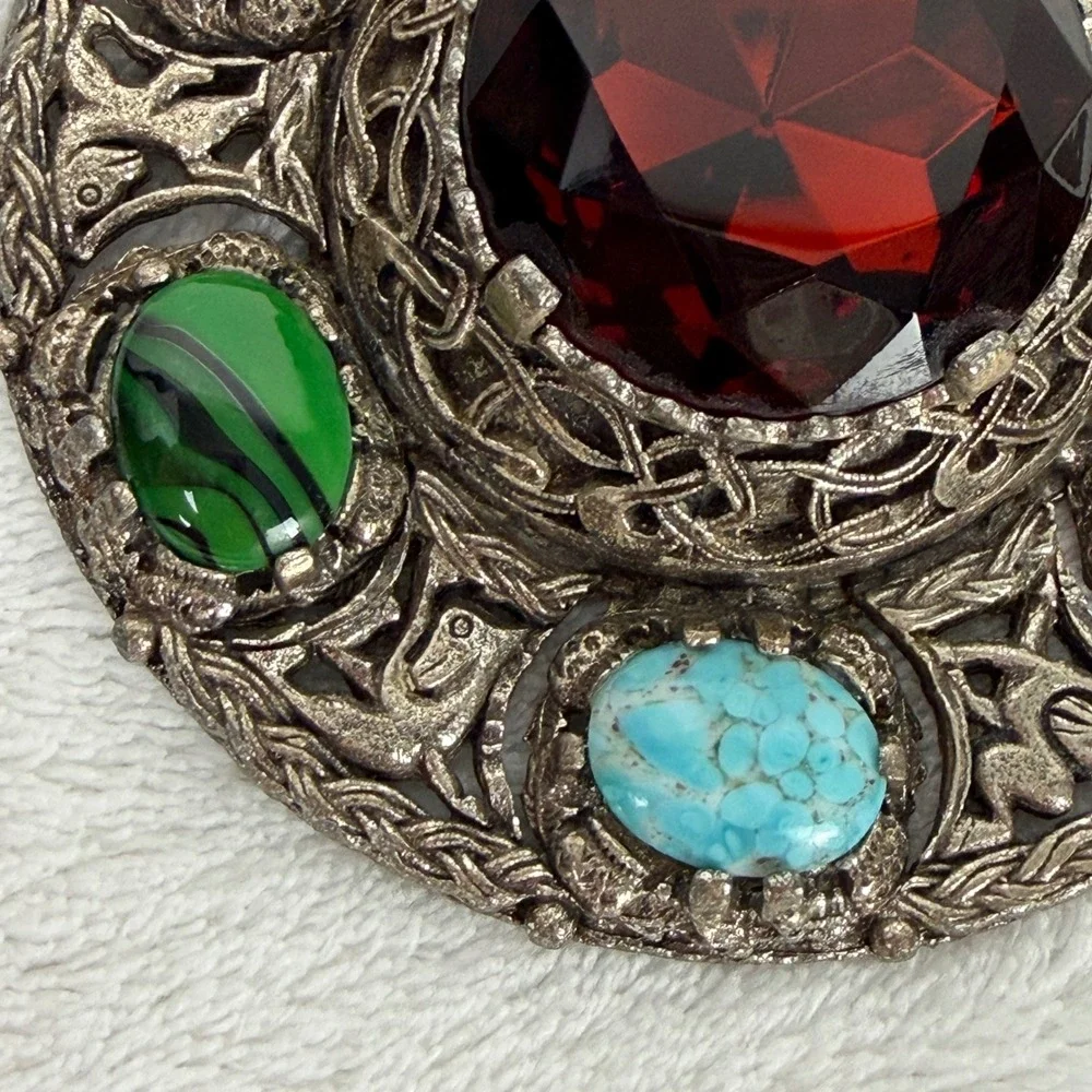 Miracle Vintage‎ Celtic Brooch Red Glass Multi Stone Silver Tone Scottish Pin